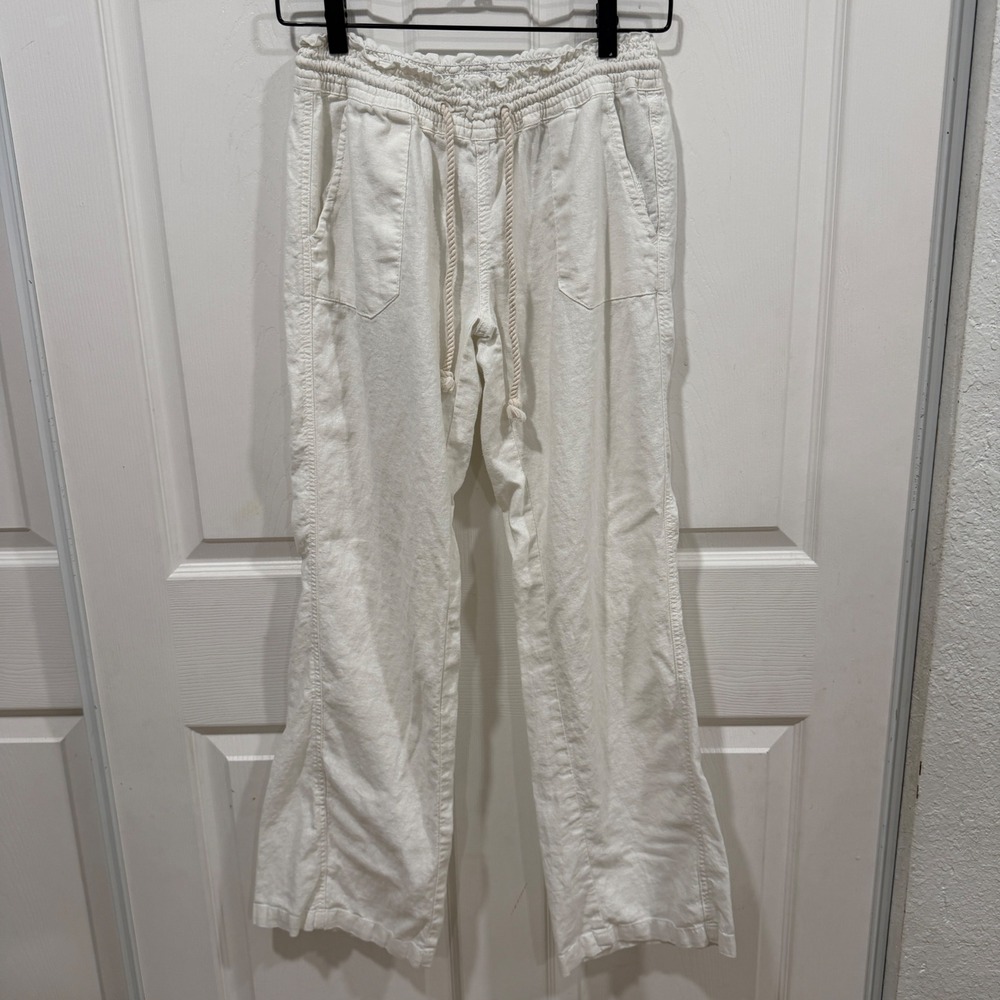 Roxy Ocean Side White Linen Blend Wide Leg Beach Pants Small